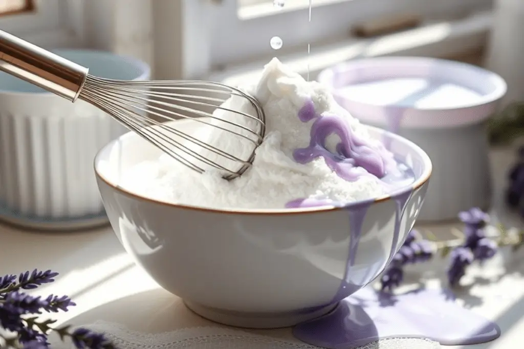 A bowl of lavender glaze being mixed, with delicate purple swirls forming a smooth, floral-scented topping.