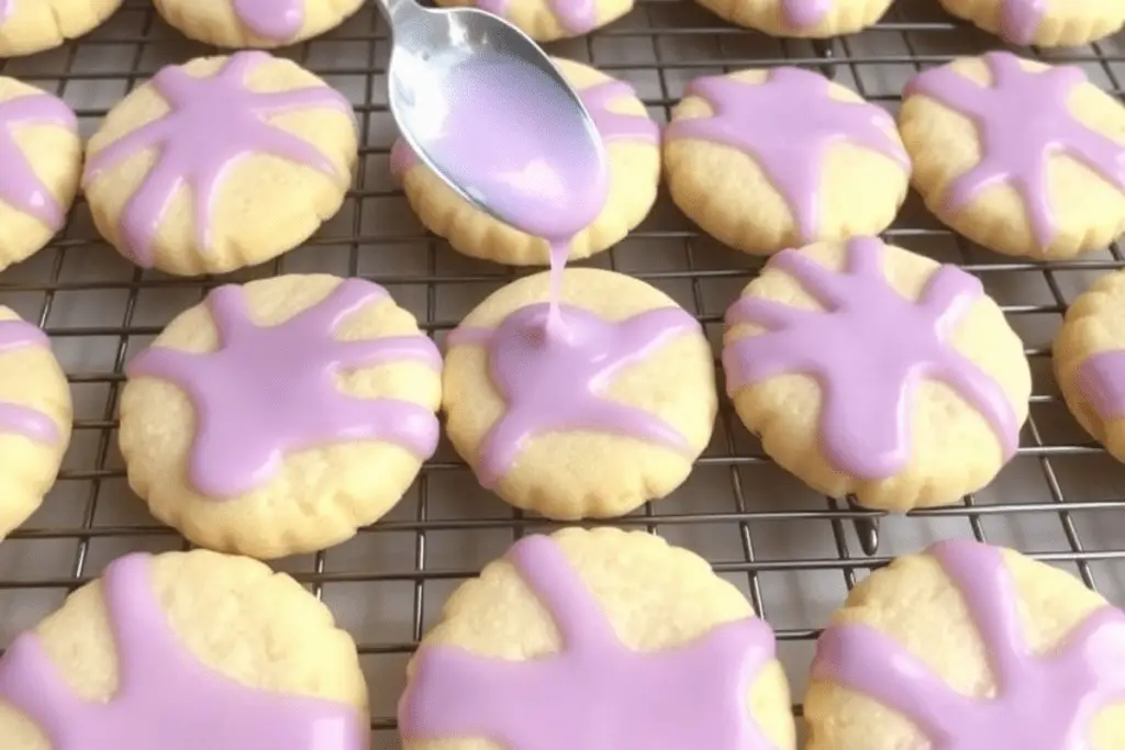 Freshly baked lemon cookies drizzled with lavender glaze, creating a beautiful Ravenclaw-inspired blue and violet design.