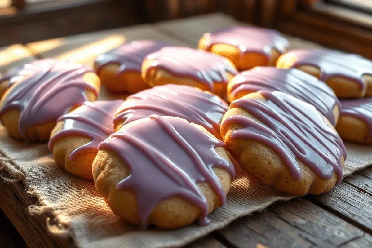 Ravenclaw Lemon Cookies with smooth, light purple lavender glaze, beautifully arranged on a silver platter with a dark blue backdrop and wizarding accents.