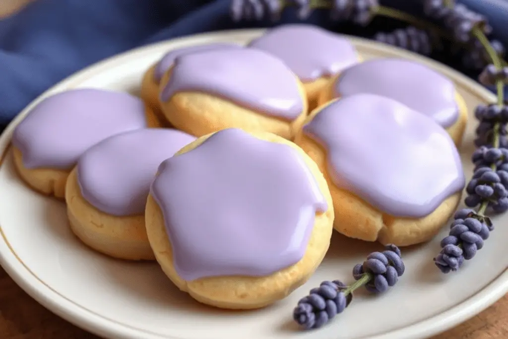 Ravenclaw Lemon Cookies with smooth, light purple lavender glaze, beautifully arranged on a silver platter with a dark blue backdrop and wizarding accents.