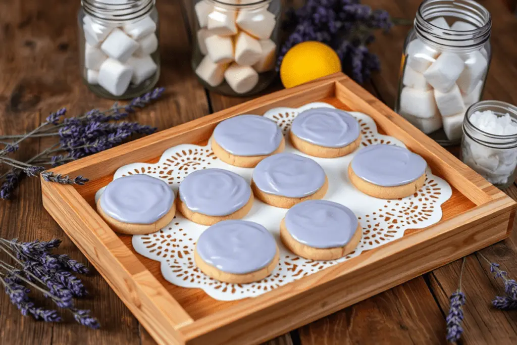 Ravenclaw Lemon Cookies with smooth, light purple lavender glaze, beautifully arranged on a silver platter with a dark blue backdrop and wizarding accents.