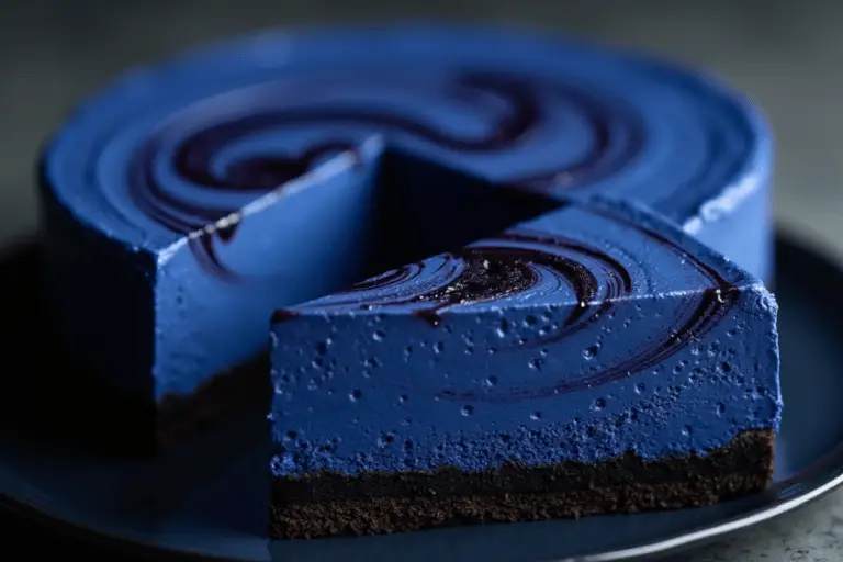 A deep blue cheesecake with a dark chocolate cookie crust, swirled with dark berry filling and topped with glossy berry sauce. A single slice is placed in the foreground, revealing its smooth texture and layers. The full cheesecake sits in the background on a dark plate, with moody lighting adding a dramatic effect.