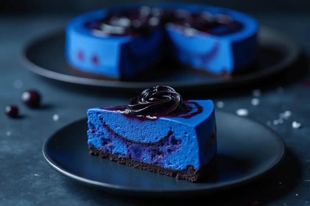 A deep blue cheesecake with a dark chocolate cookie crust, swirled with dark berry filling and topped with glossy berry sauce. A single slice is placed in the foreground, revealing its smooth texture and layers. The full cheesecake sits in the background on a dark plate, with moody lighting adding a dramatic effect.