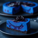 A deep blue cheesecake with a dark chocolate cookie crust, swirled with dark berry filling and topped with glossy berry sauce. A single slice is placed in the foreground, revealing its smooth texture and layers. The full cheesecake sits in the background on a dark plate, with moody lighting adding a dramatic effect.