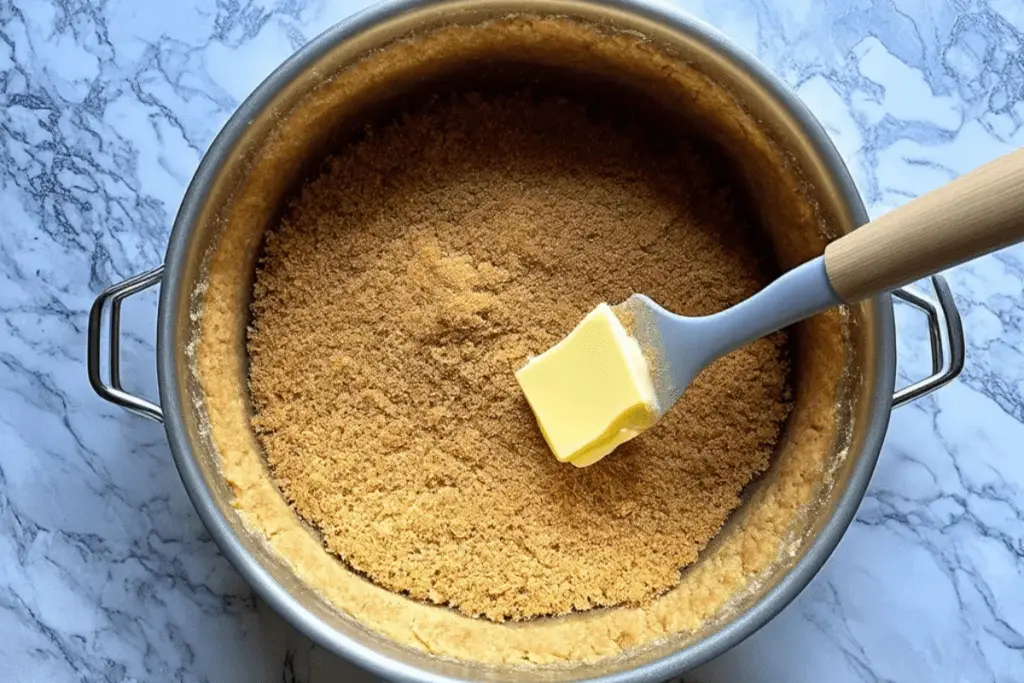 A golden graham cracker crust being pressed into a springform pan, forming the base for a Ravenclaw-inspired butterbeer cheesecake.