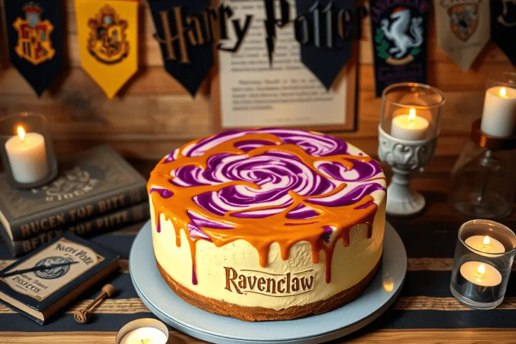 Ravenclaw Butterbeer Cheesecake with purple swirls and butterscotch glaze, displayed on a Harry Potter-inspired dessert table with magical Ravenclaw-themed decor.