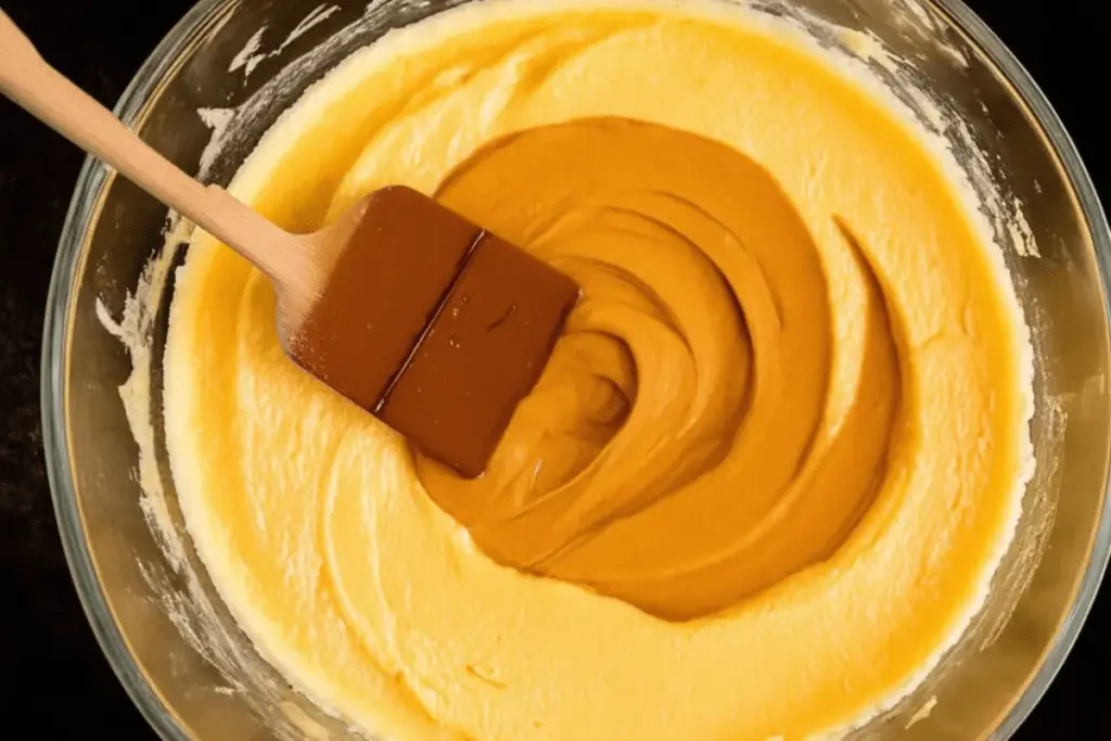 Velvety butterbeer cheesecake batter being mixed in a bowl, infused with vanilla bean and butterscotch flavors.