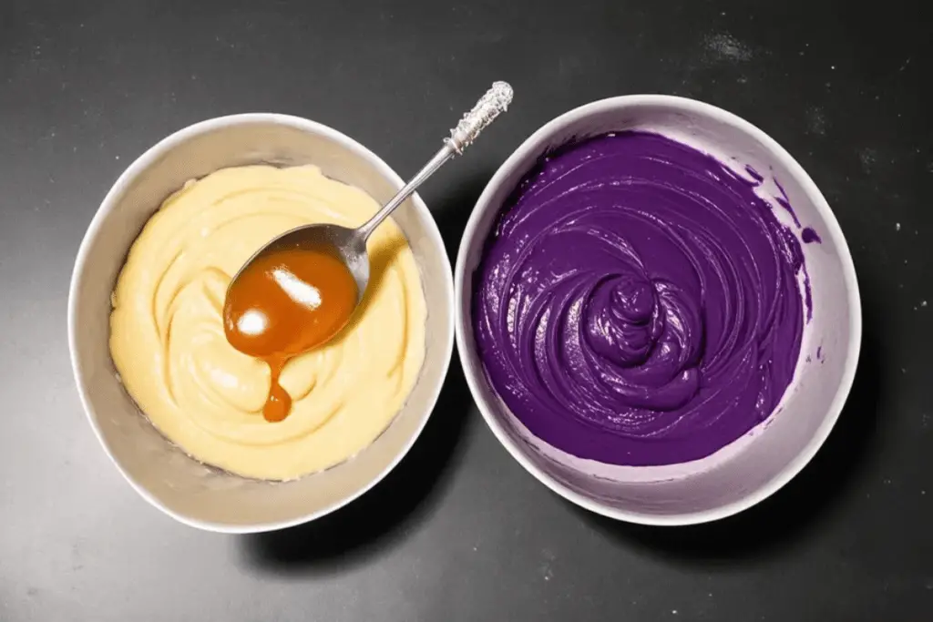 Deep purple cheesecake batter being swirled into a butterbeer cheesecake, creating a starry night effect.