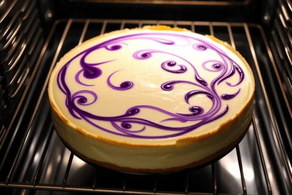 A butterbeer cheesecake with purple swirls baking in the oven, creating a mesmerizing Ravenclaw-inspired dessert.