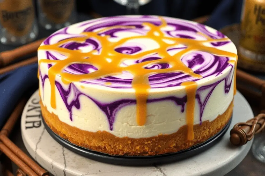 Ravenclaw Butterbeer Cheesecake with purple swirls and butterscotch glaze, displayed on a Harry Potter-inspired dessert table with magical Ravenclaw-themed decor.