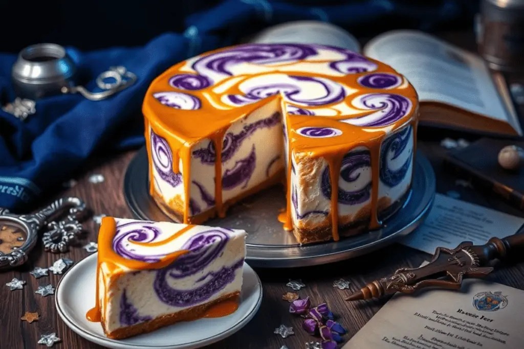 A Ravenclaw Butterbeer Cheesecake slice with purple swirls and butterscotch glaze, set on a Harry Potter-inspired dessert table with magical Ravenclaw-themed decor.