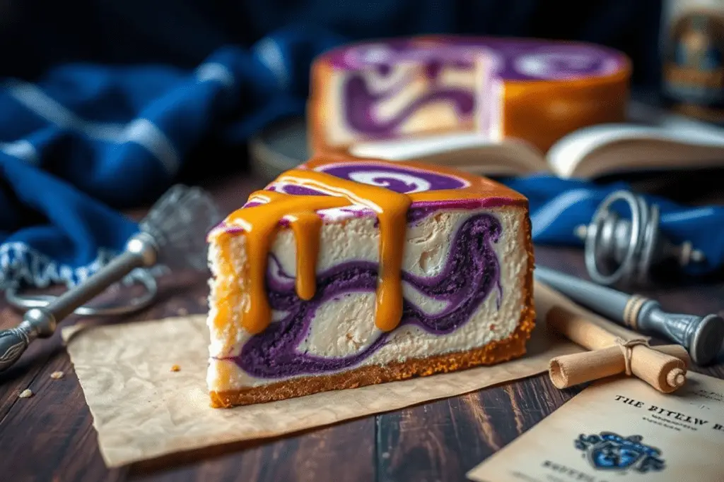 A Ravenclaw Butterbeer Cheesecake slice with purple swirls and butterscotch glaze, set on a Harry Potter-inspired dessert table with magical Ravenclaw-themed decor.