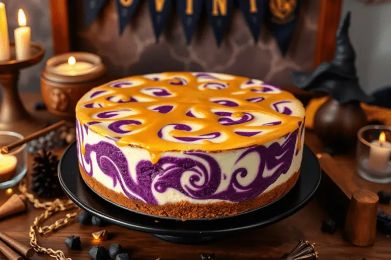 Ravenclaw Butterbeer Cheesecake with purple swirls and butterscotch glaze, displayed on a Harry Potter-inspired dessert table with magical Ravenclaw-themed decor.