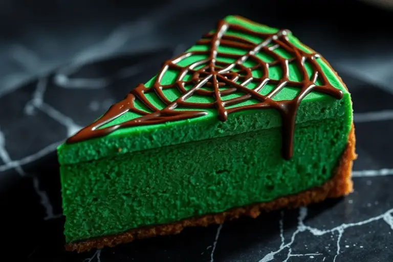 Slytherin Dark Green Cheesecake with spider web chocolate drizzle, elegantly presented on a black plate with silver accents and gothic wizarding décor.