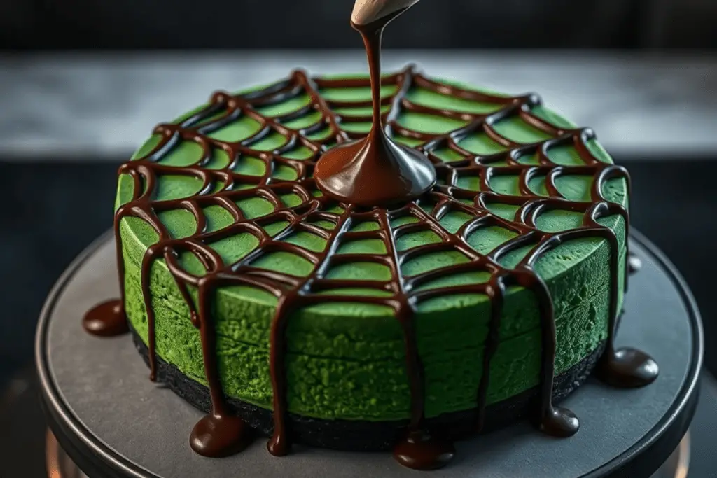 Dark chocolate being drizzled over a green cheesecake in an intricate spider web design, creating a dramatic Slytherin-inspired effect.