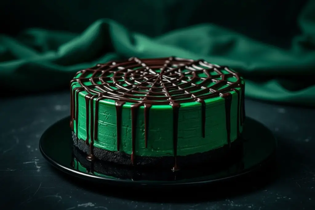 Slytherin Dark Green Cheesecake with spider web chocolate drizzle, elegantly presented on a black plate with silver accents and gothic wizarding décor.