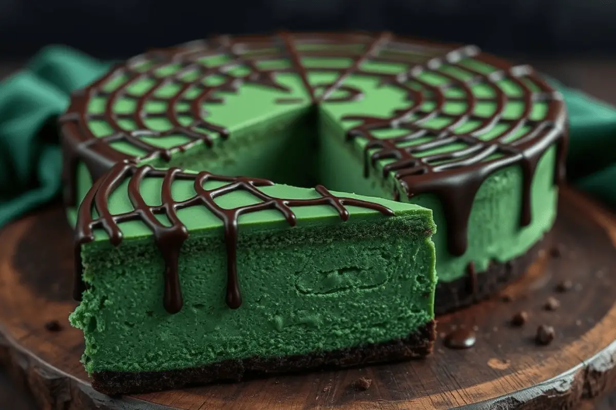 Slytherin Dark Green Cheesecake with spider web chocolate drizzle, elegantly presented on a black plate with silver accents and gothic wizarding décor.