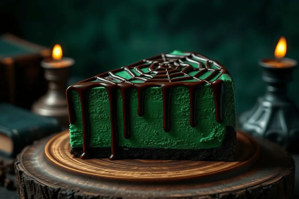 Slytherin Dark Green Cheesecake with spider web chocolate drizzle, elegantly presented on a black plate with silver accents and gothic wizarding décor.