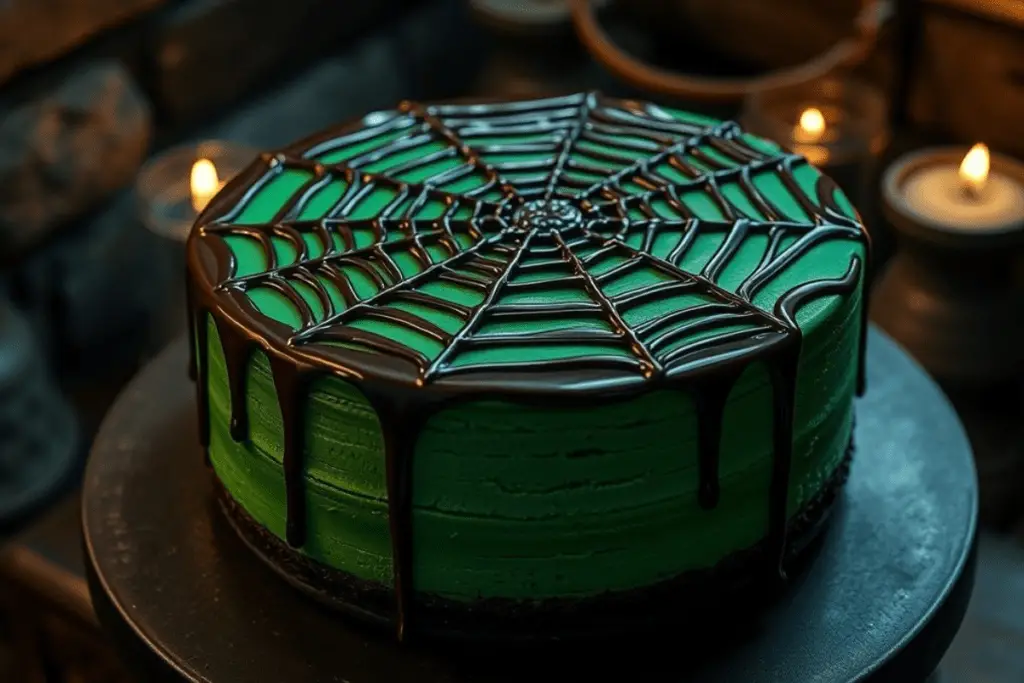 Slytherin Dark Green Cheesecake with spider web chocolate drizzle, elegantly presented on a black plate with silver accents and gothic wizarding décor.