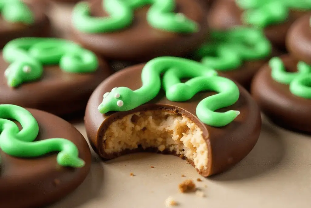 A set of chocolate-covered cookies with green snake-shaped icing designs, arranged on a dark surface. One cookie has a bite taken out, showing a golden-brown, crumbly interior. The setting has a moody, magical feel, with soft lighting adding a mystical touch.