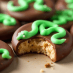 A set of chocolate-covered cookies with green snake-shaped icing designs, arranged on a dark surface. One cookie has a bite taken out, showing a golden-brown, crumbly interior. The setting has a moody, magical feel, with soft lighting adding a mystical touch.