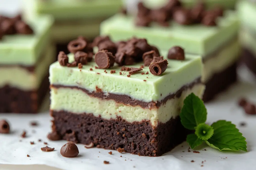 A set of dark mint butterbeer cheesecake bars with a chocolate crust and a smooth, deep green cheesecake layer. One bar is slightly tilted to showcase its layers, with dark chocolate drizzle on top. The scene is set on a rustic dark surface with chocolate shavings and mint leaves scattered around.