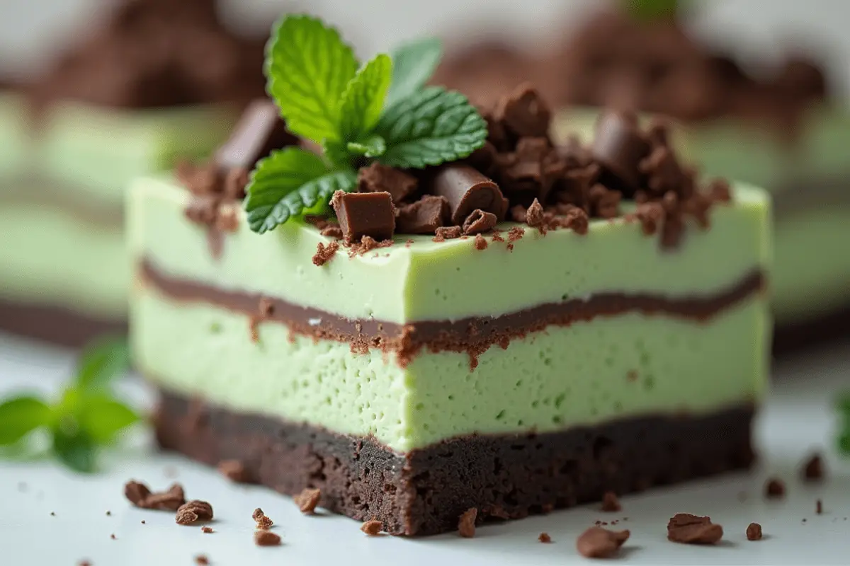 A set of dark mint butterbeer cheesecake bars with a chocolate crust and a smooth, deep green cheesecake layer. One bar is slightly tilted to showcase its layers, with dark chocolate drizzle on top. The scene is set on a rustic dark surface with chocolate shavings and mint leaves scattered around.