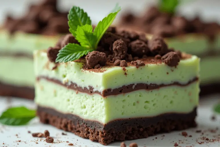 A set of dark mint butterbeer cheesecake bars with a chocolate crust and a smooth, deep green cheesecake layer. One bar is slightly tilted to showcase its layers, with dark chocolate drizzle on top. The scene is set on a rustic dark surface with chocolate shavings and mint leaves scattered around.