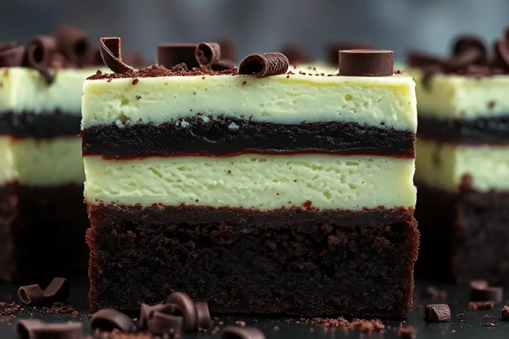 A set of dark mint butterbeer cheesecake bars with a chocolate crust and a smooth, deep green cheesecake layer. One bar is slightly tilted to showcase its layers, with dark chocolate drizzle on top. The scene is set on a rustic dark surface with chocolate shavings and mint leaves scattered around.