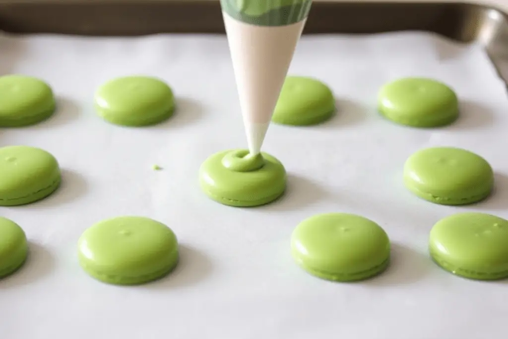 Green macaron shells being prepared for Slytherin’s Mystic Butterbeer Macarons showcasing precision and elegance