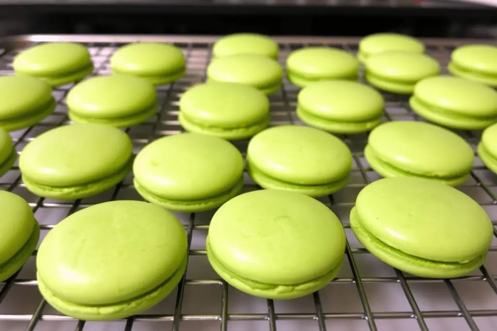 Piping butterscotch filling onto green macaron shells to assemble Slytherin-themed Butterbeer Macarons