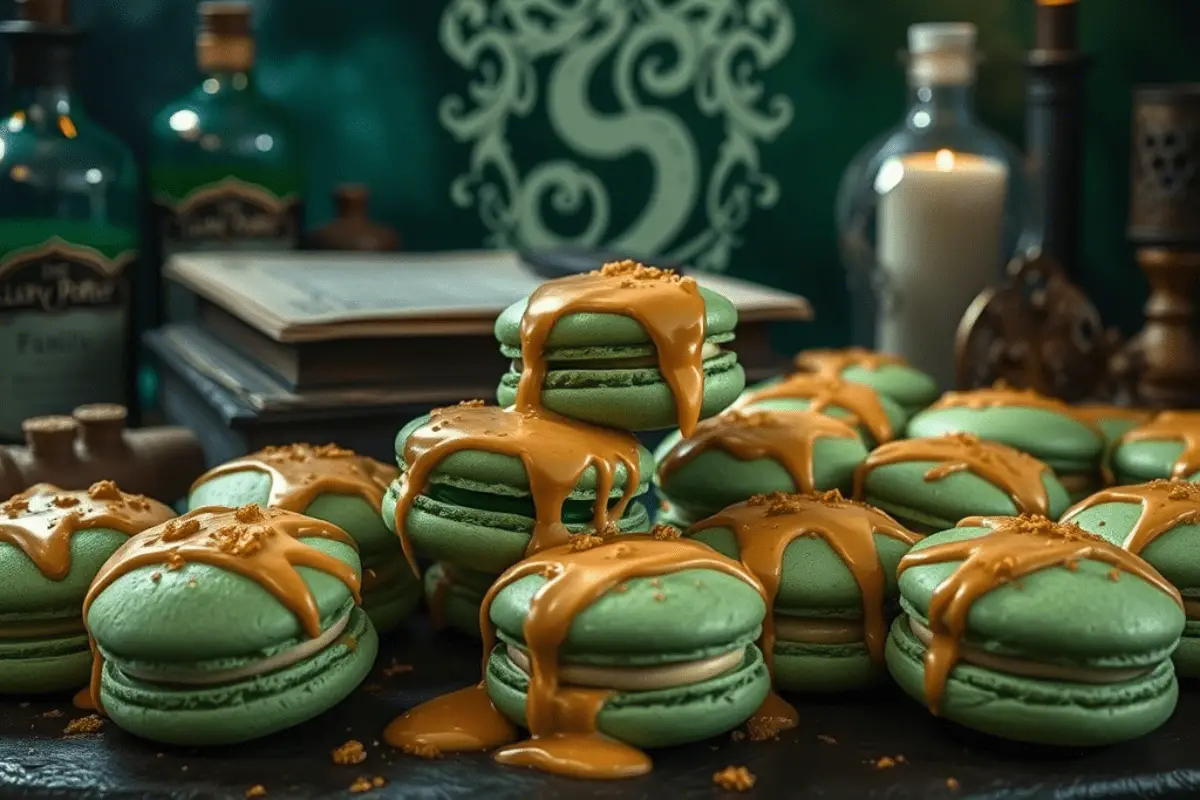 A stack of Slytherin Butterbeer Macarons with butterscotch glaze, set in a mystical Harry Potter-themed background featuring the Slytherin sigil, potion bottles, and enchanted green lighting.