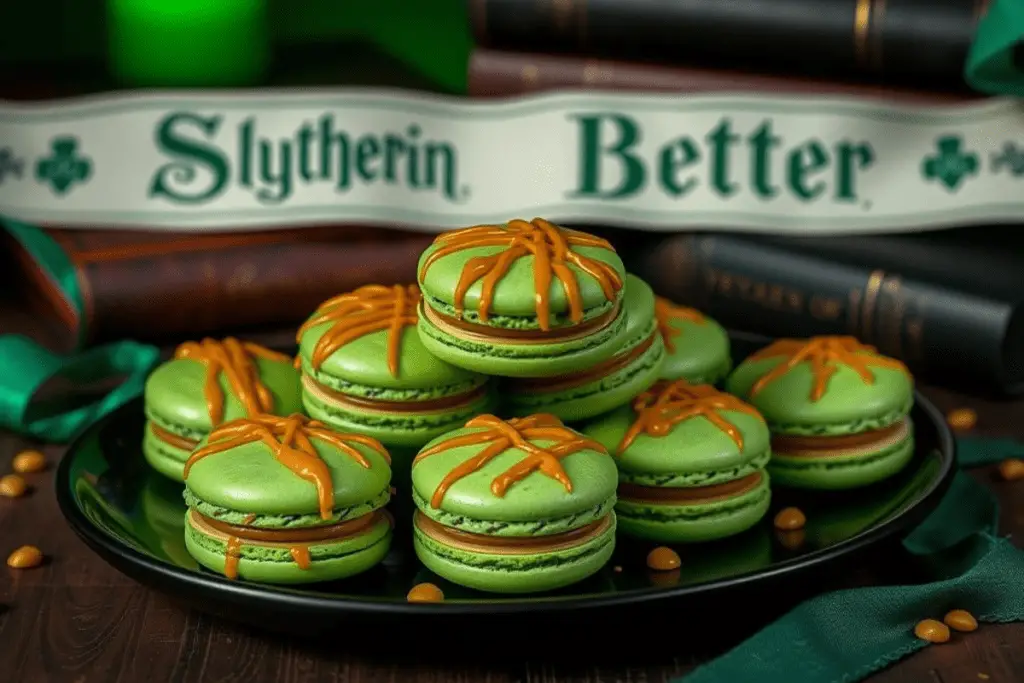 A stack of Slytherin Butterbeer Macarons with butterscotch glaze, set in a mystical Harry Potter-themed background featuring the Slytherin sigil, potion bottles, and enchanted green lighting.