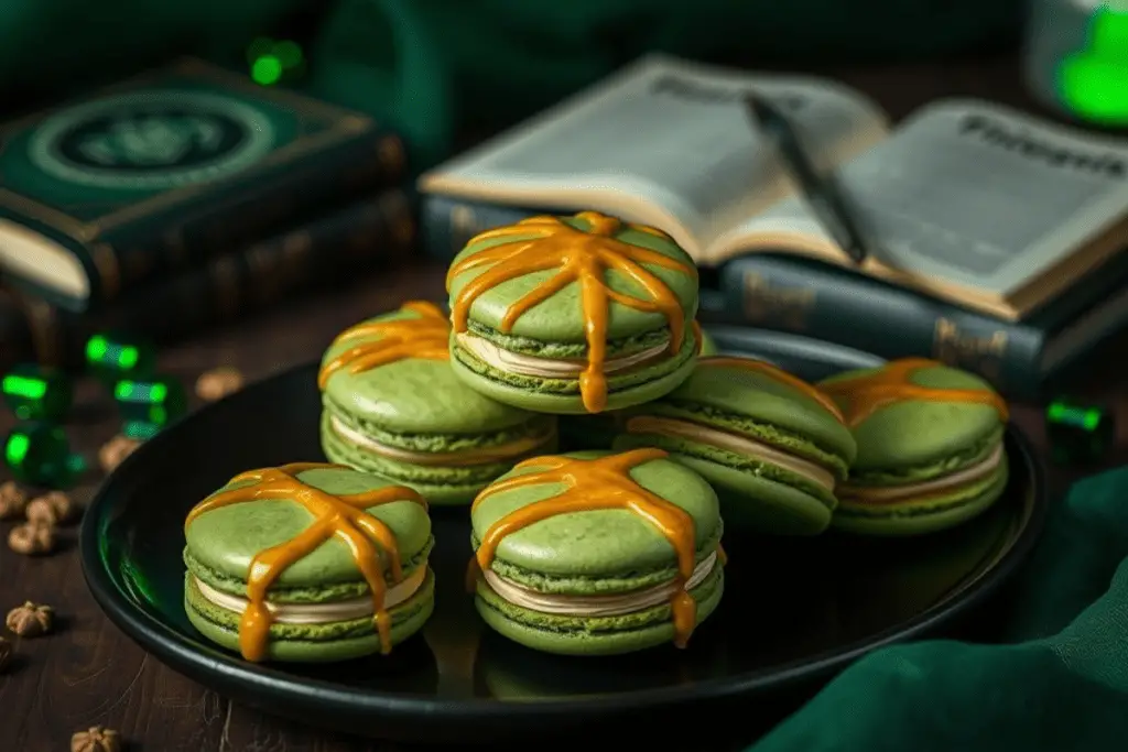 A stack of Slytherin Butterbeer Macarons with butterscotch glaze, set in a mystical Harry Potter-themed background featuring the Slytherin sigil, potion bottles, and enchanted green lighting.