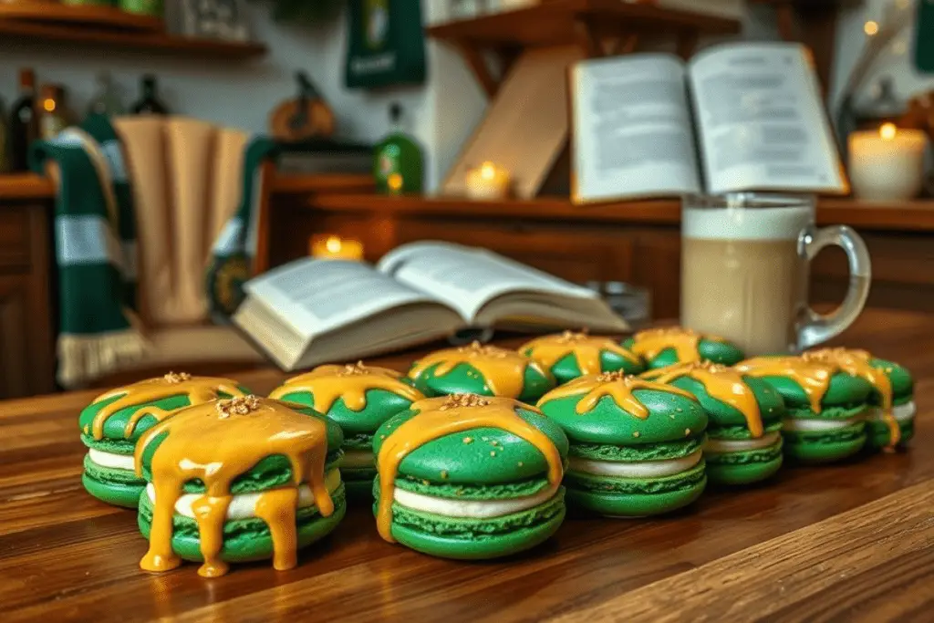 A stack of Slytherin Butterbeer Macarons with butterscotch glaze, set in a mystical Harry Potter-themed background featuring the Slytherin sigil, potion bottles, and enchanted green lighting.