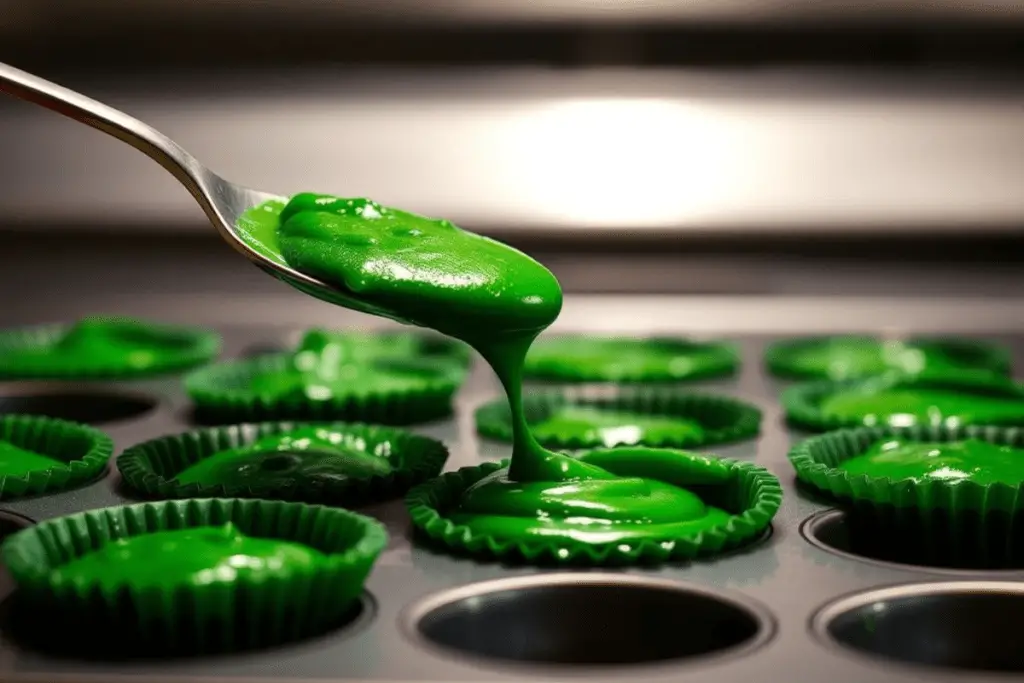 Deep emerald butterbeer cupcake batter being poured into dark green liners, ready to bake into soft and flavorful cupcakes.