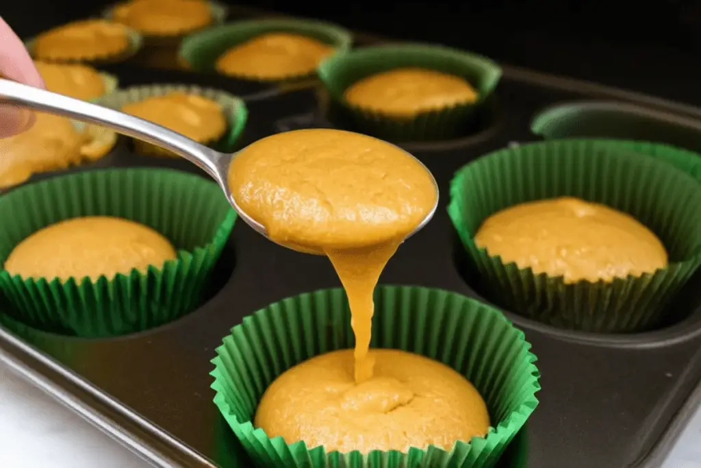 Golden butterbeer cupcake batter being poured into dark green liners, preparing for a soft and flavorful bake.