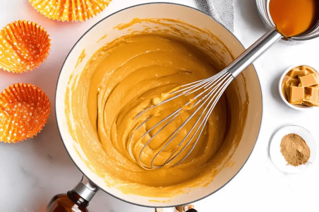 Smooth butterbeer cupcake batter being mixed in a bowl, infused with butterscotch and vanilla for a rich, magical flavor.