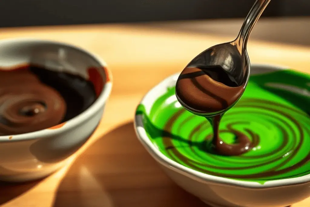 Dark and green melted chocolate being prepared, ready to drizzle over butterbeer cupcakes for a striking Slytherin touch.