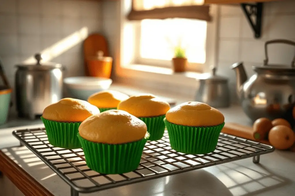 Warm butterbeer cupcakes cooling on a rack, golden and fluffy, ready to be frosted with a magical Slytherin touch.