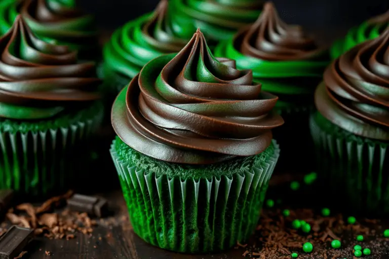 A batch of emerald green butterbeer cupcakes with dark-to-green ombré chocolate frosting, arranged on a rustic wooden surface. One cupcake is cut open, revealing its soft interior. Cocoa powder and chocolate shavings are scattered around for decoration.