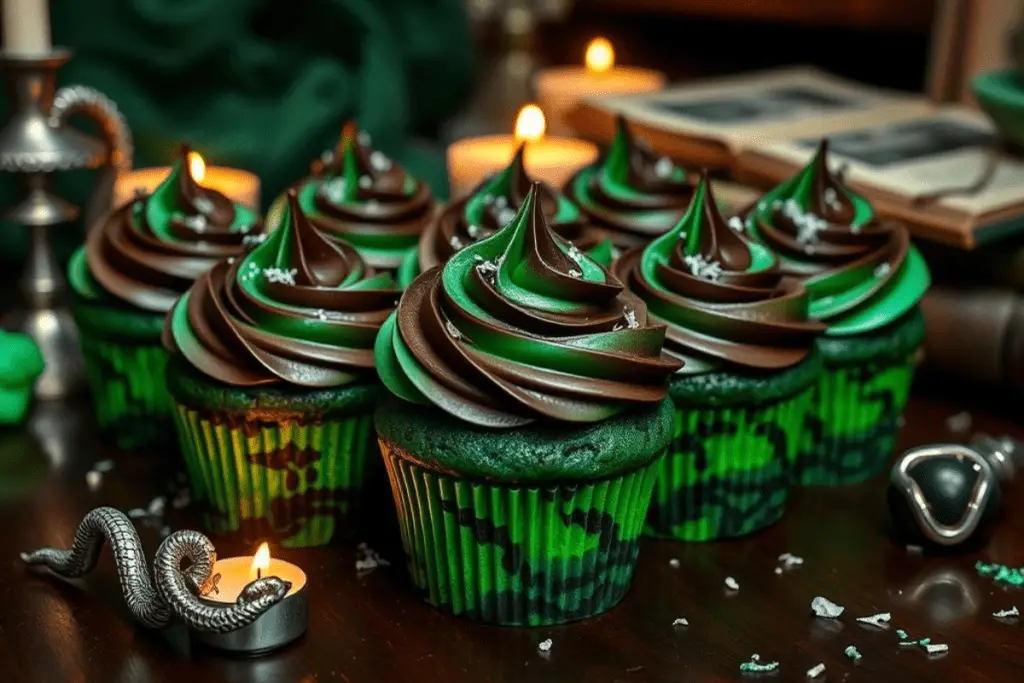 A batch of emerald green butterbeer cupcakes with dark-to-green ombré chocolate frosting, arranged on a rustic wooden surface. One cupcake is cut open, revealing its soft interior. Cocoa powder and chocolate shavings are scattered around for decoration.