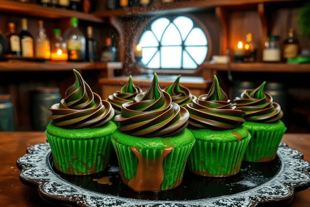 A batch of emerald green butterbeer cupcakes with dark-to-green ombré chocolate frosting, arranged on a rustic wooden surface. One cupcake is cut open, revealing its soft interior. Cocoa powder and chocolate shavings are scattered around for decoration.