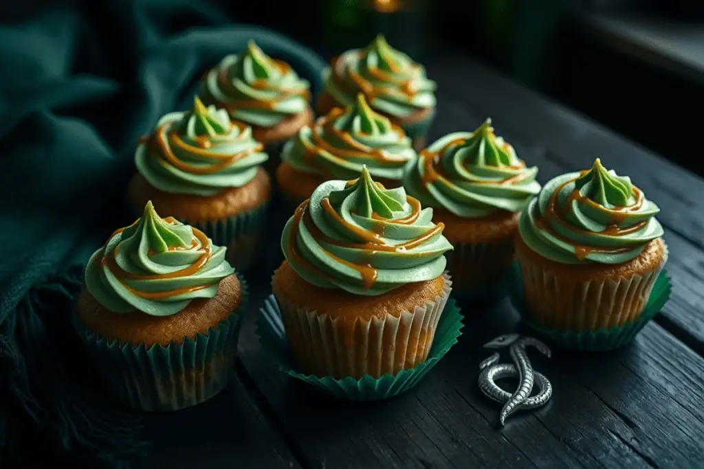 Slytherin’s Secret Butterbeer Cupcakes with green frosting, butterscotch glaze, and silver accents, styled on a dark wooden table with a Slytherin-inspired backdrop.