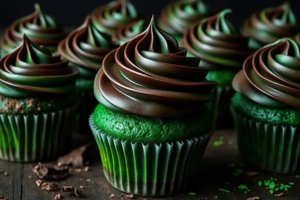 A batch of emerald green butterbeer cupcakes with dark-to-green ombré chocolate frosting, arranged on a rustic wooden surface. One cupcake is cut open, revealing its soft interior. Cocoa powder and chocolate shavings are scattered around for decoration.