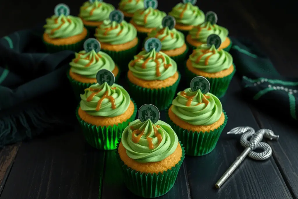 Slytherin’s Secret Butterbeer Cupcakes with green frosting, butterscotch glaze, and silver accents, styled on a dark wooden table with a Slytherin-inspired backdrop.