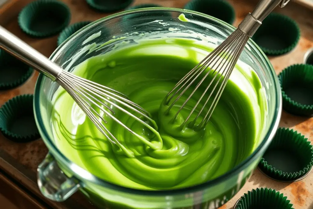 Rich emerald-green butterbeer cupcake batter being mixed, infused with butterscotch and vanilla for a magical Slytherin-inspired treat.