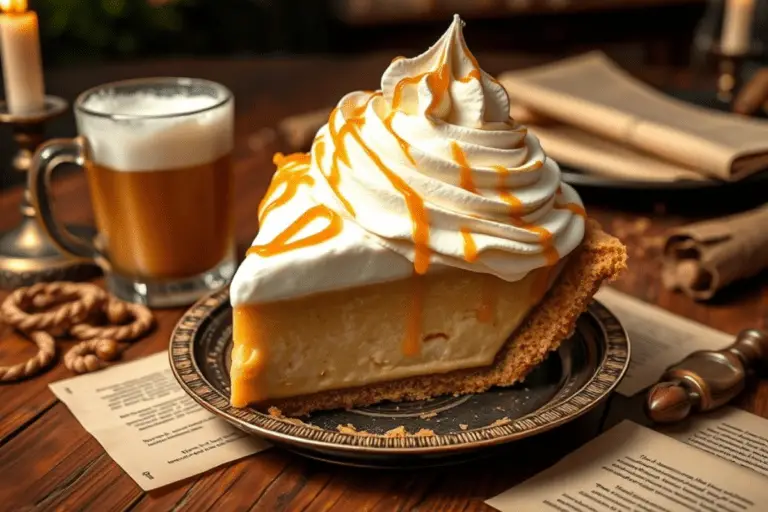 A rich and creamy Root Beer Float Pie slice with Butterbeer whipped cream, served on a Three Broomsticks-inspired rustic table with magical decor.