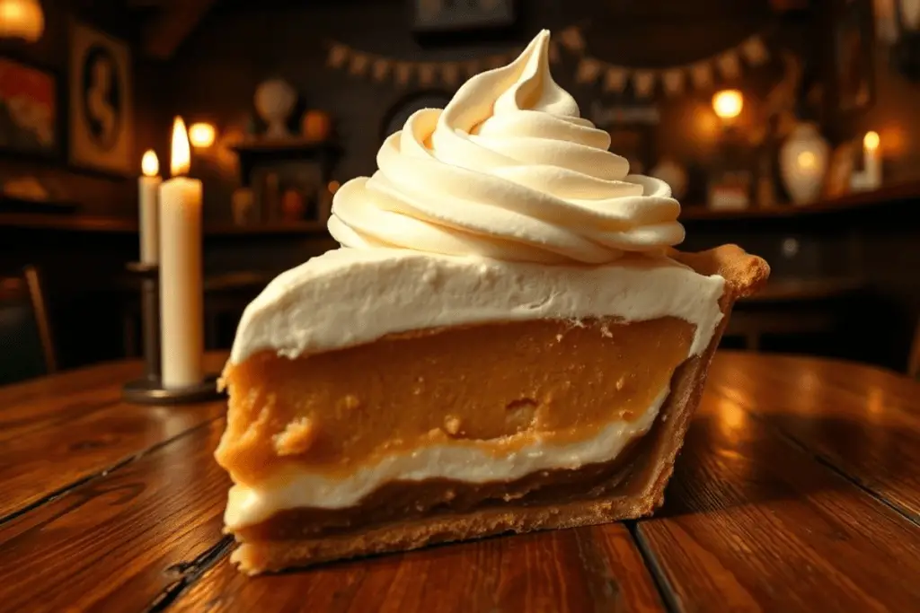 A rich and creamy Root Beer Float Pie slice with Butterbeer whipped cream, served on a Three Broomsticks-inspired rustic table with magical decor.