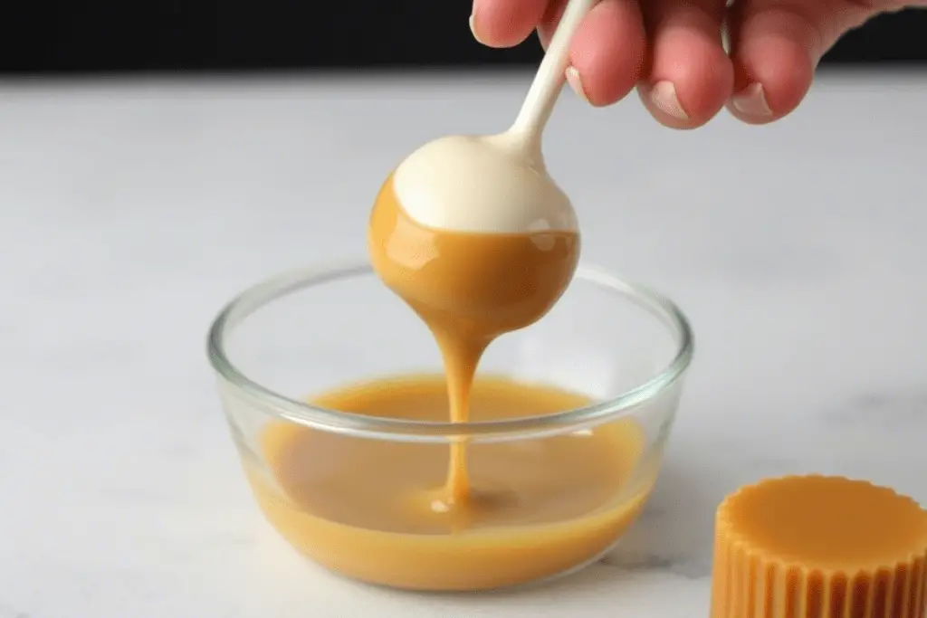 A butterbeer cheesecake pop being dipped into golden butterscotch, creating a smooth, shiny shell with a rich caramel aroma.